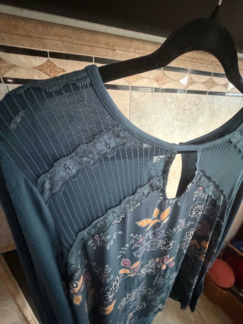 Maurices Teal Floral Lace Yoke Tunic